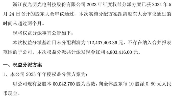 夜光明2023年度权益分派每10股派现0.8元 共计派发现金红利480.34万