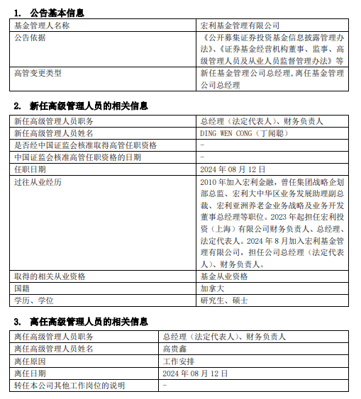 官宣！宏利基金高贵鑫离任 新任丁闻聪为总经理