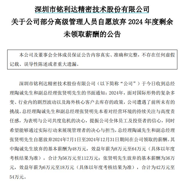 又有上市公司“官宣”降薪！铭利达总经理放弃年度剩余薪酬  第1张